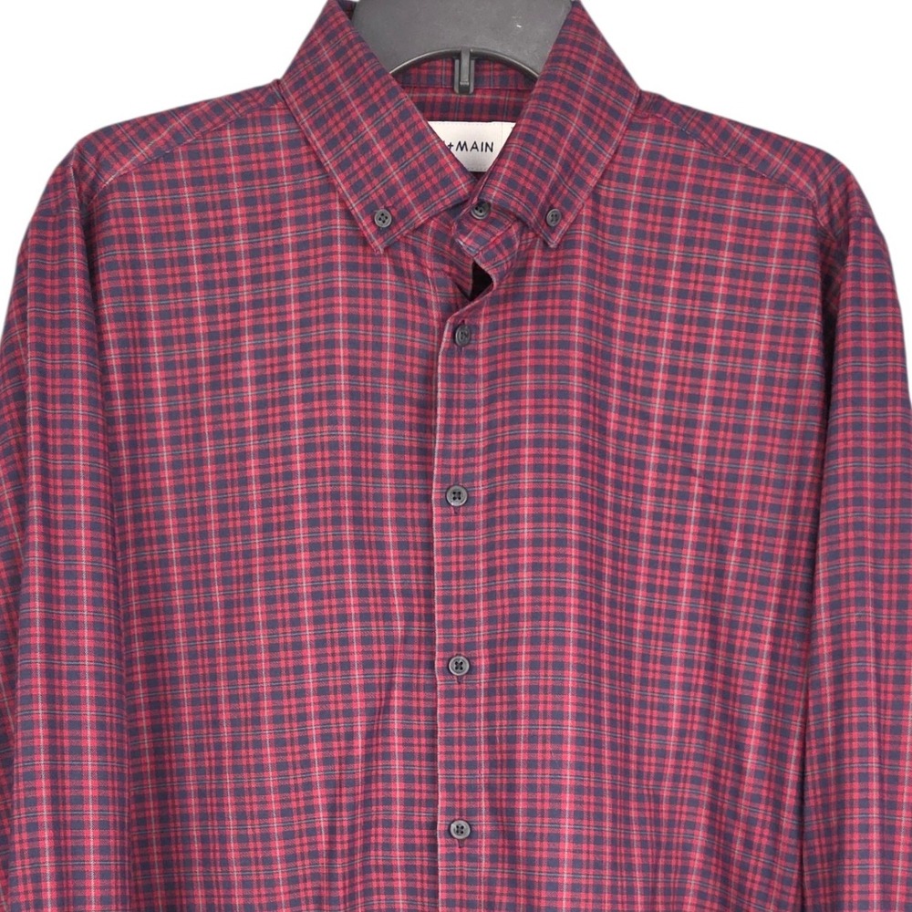 Mizzen+Main Mens‎ Medium Red Blue Plaid Button Up Shirt Standard Fit Non Iron